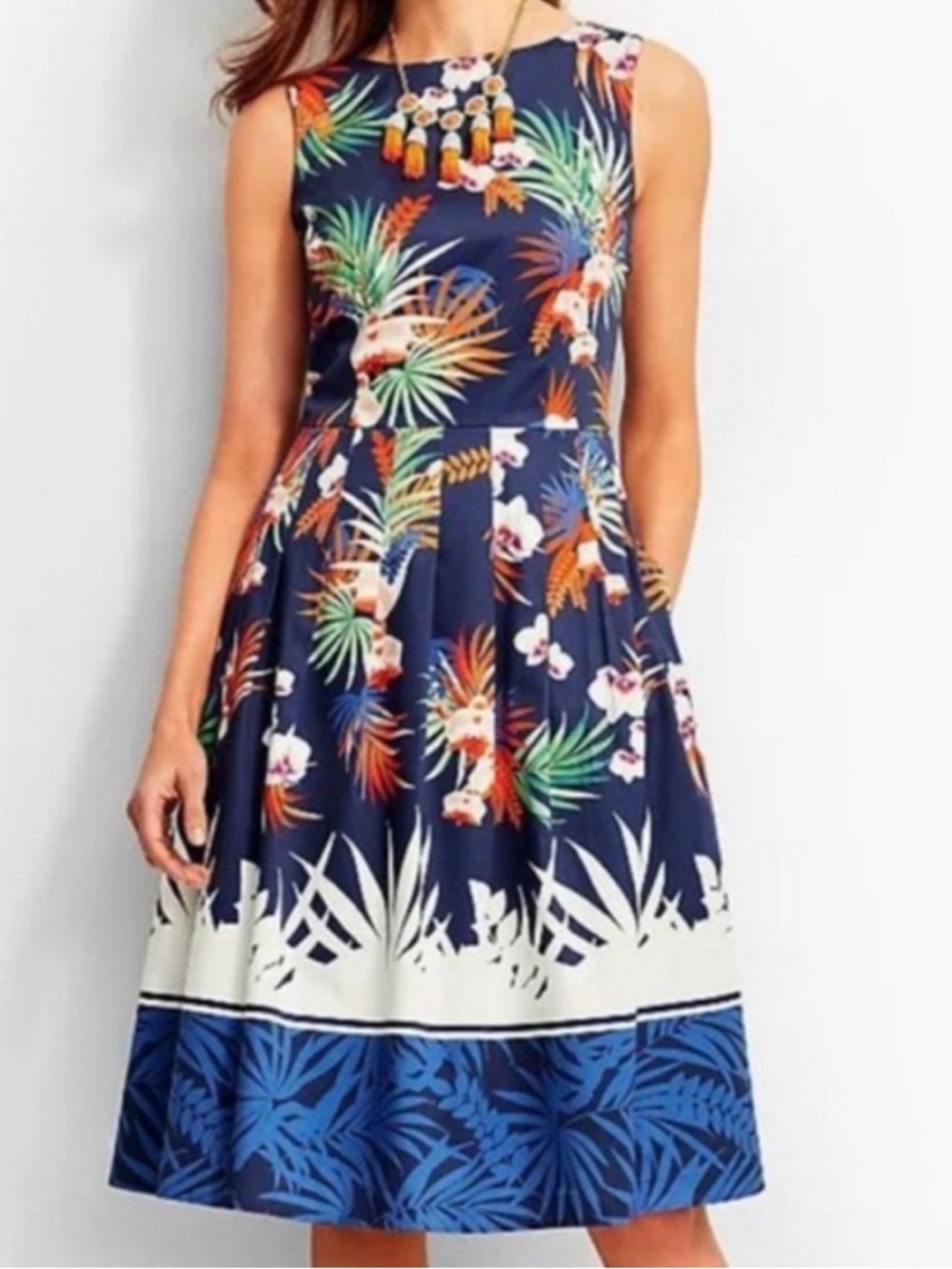 Talbots Size 10 Navy Blue Dess with Hawaiian Tropical Beachy Design with Pockets